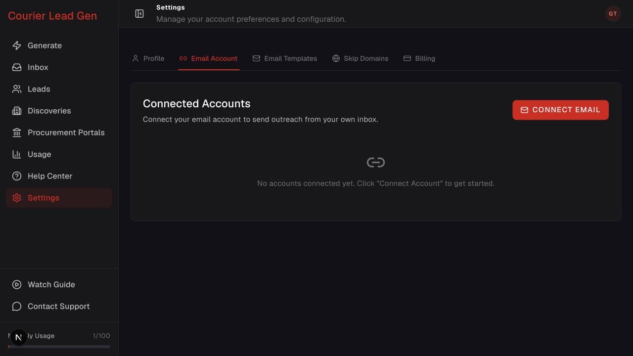 Email Account settings page with the Connect Email action