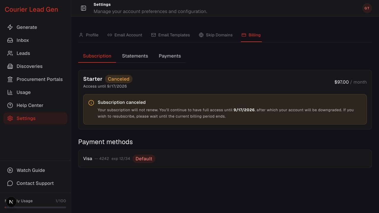 Billing subscription page showing a canceled subscription and access end date
