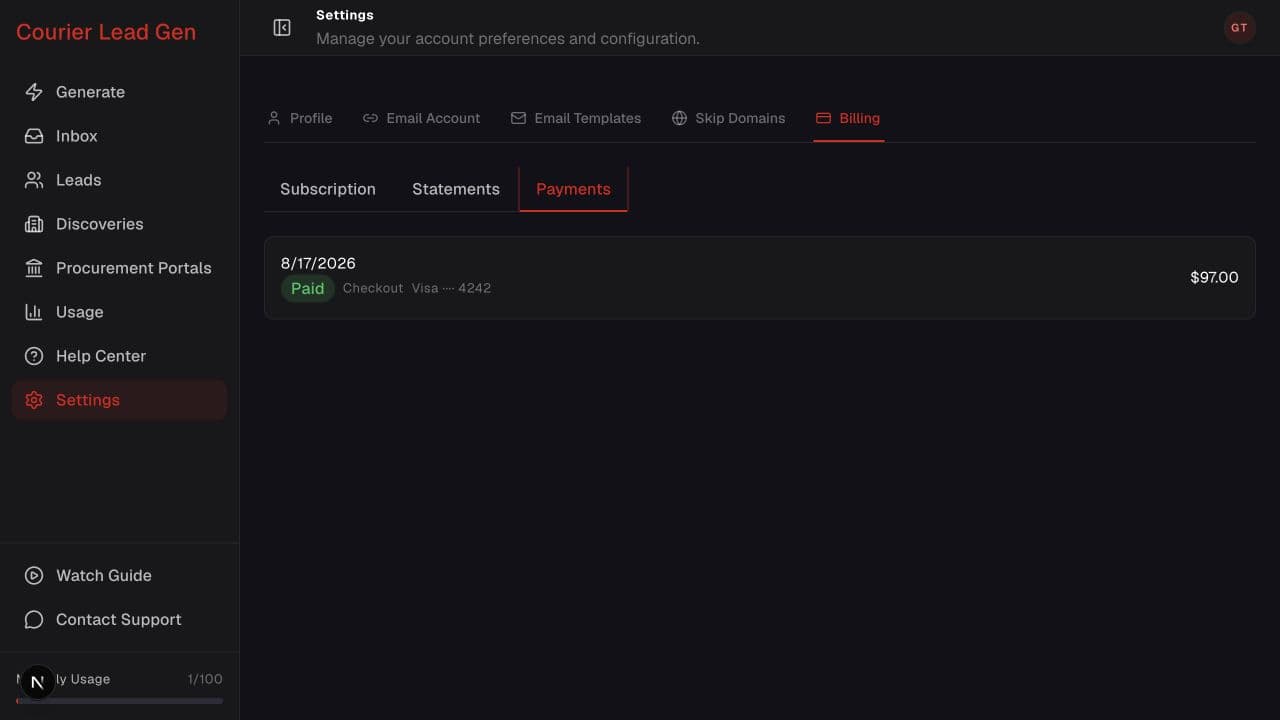 Billing Payments tab with a paid transaction
