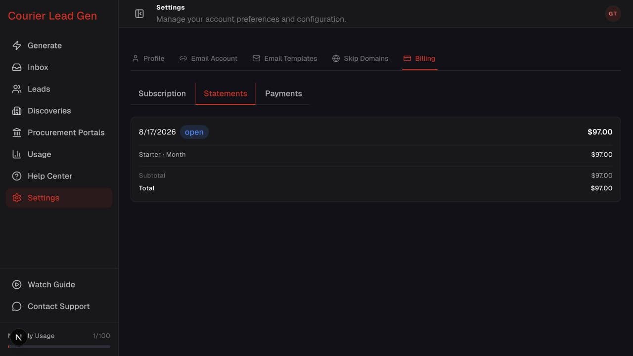 Billing Statements tab with an invoice summary