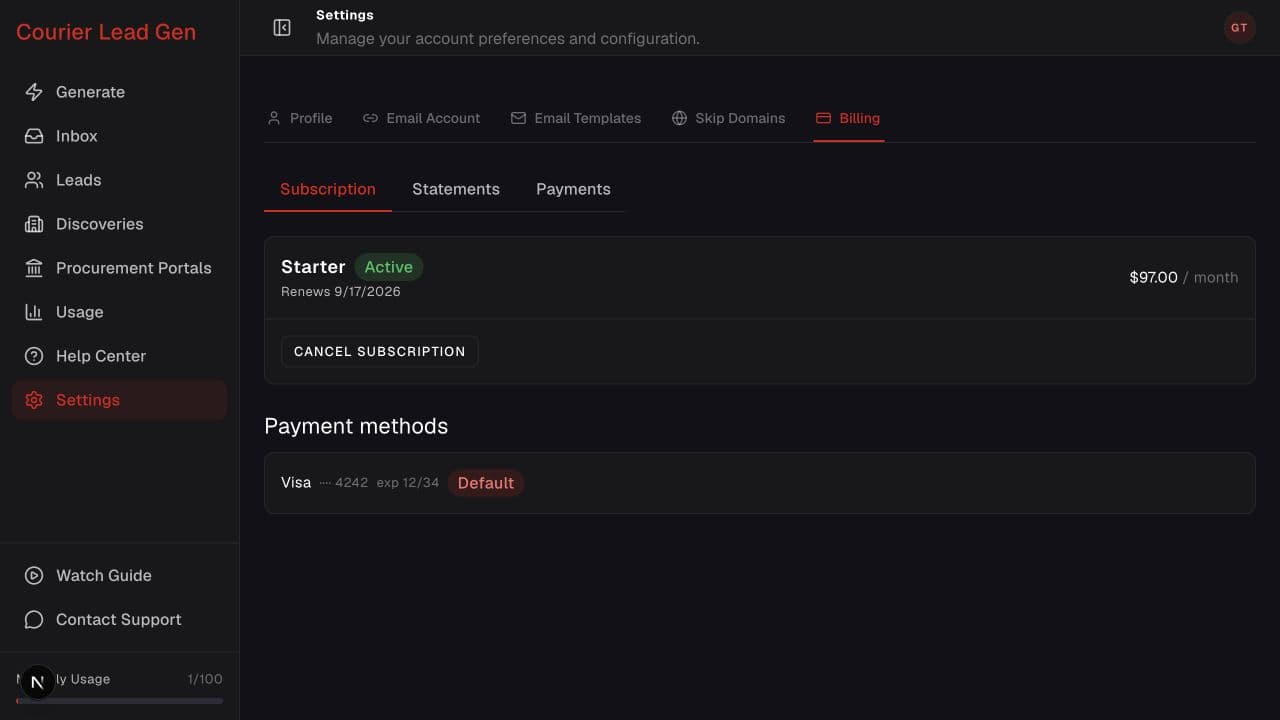 Billing settings page with subscription, statements, and payments tabs