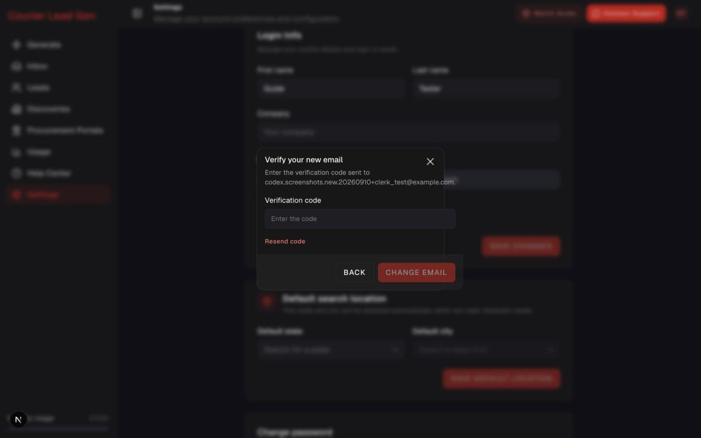 Verify your new email dialog with the verification code field