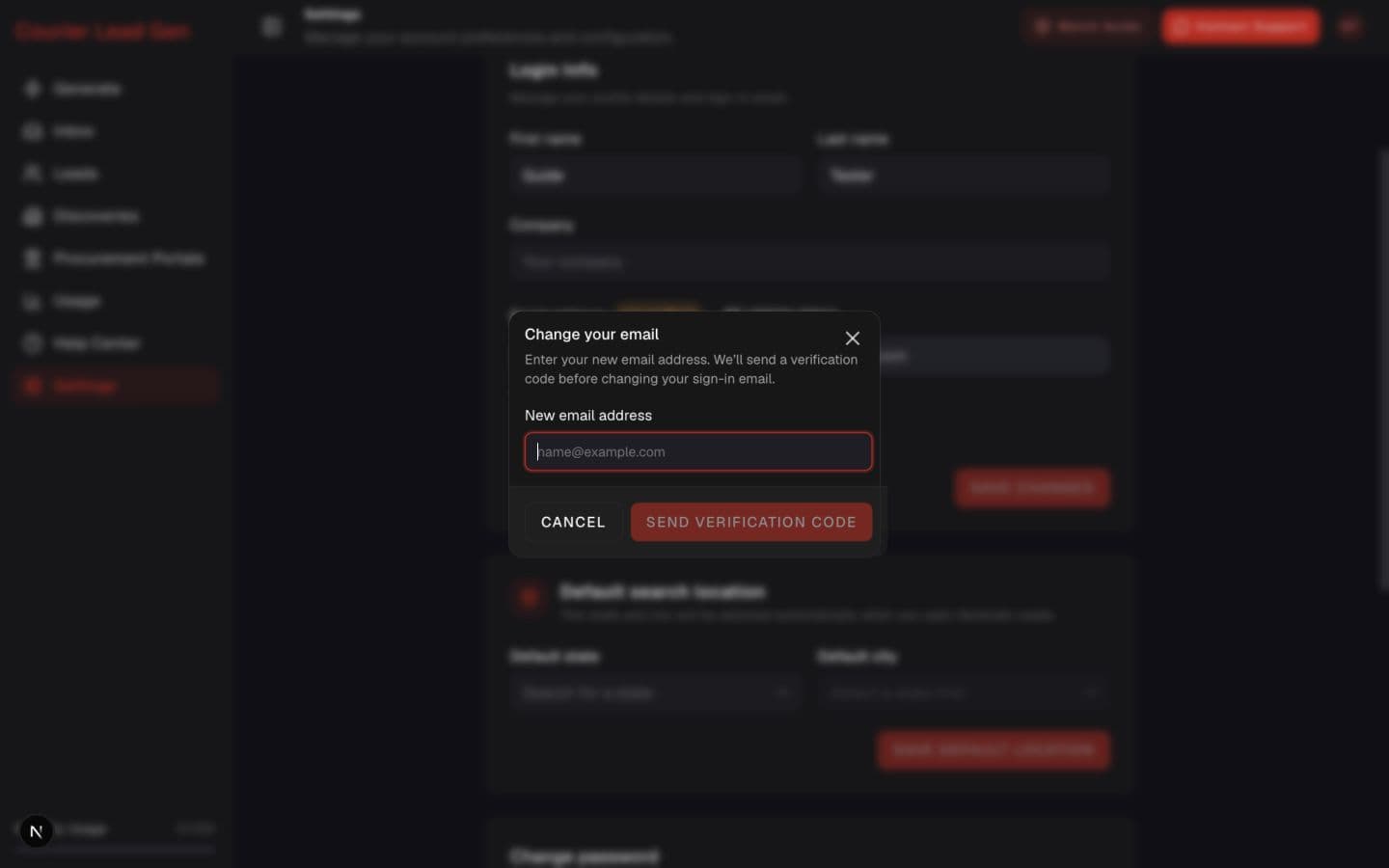 Change sign-in email dialog over the Profile settings page