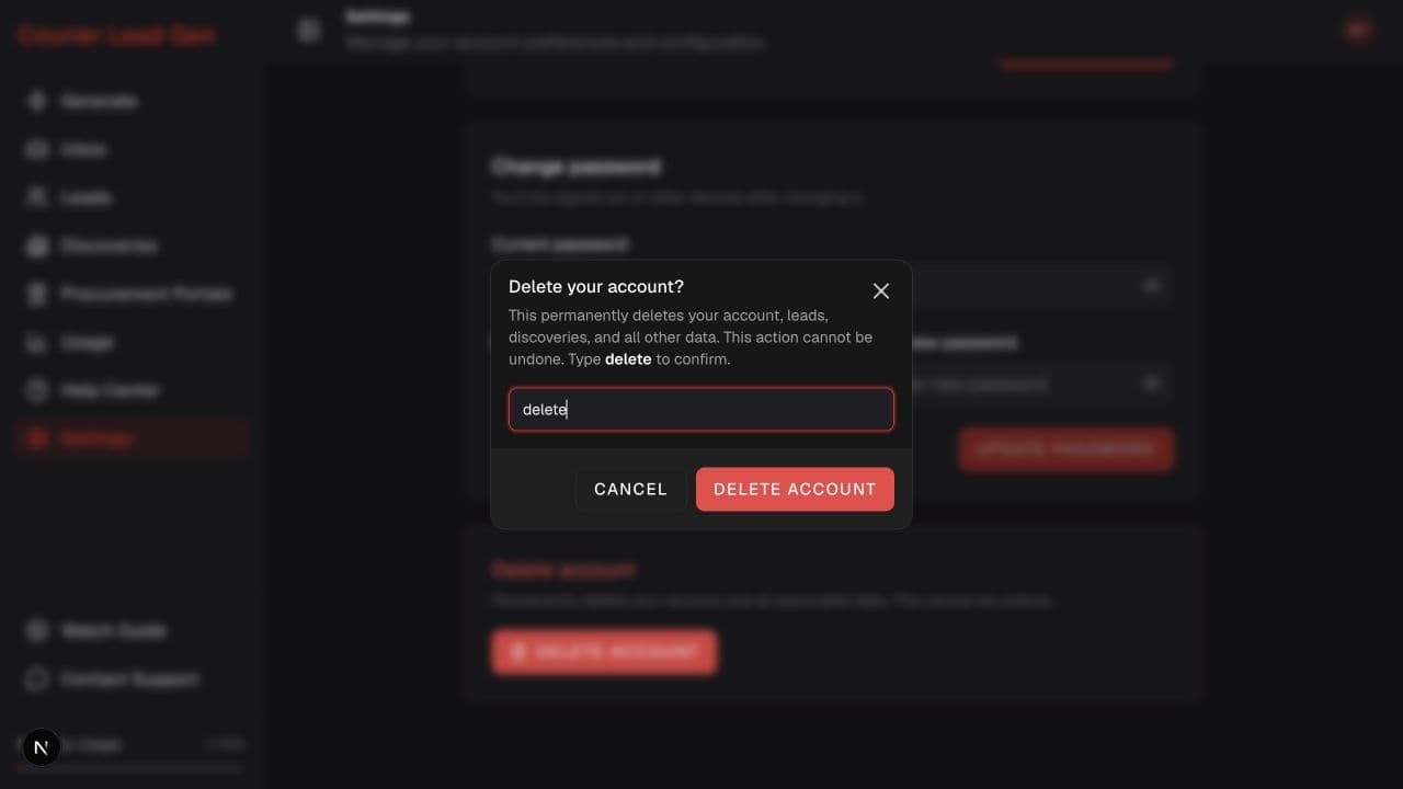 Delete account confirmation dialog requiring the word delete