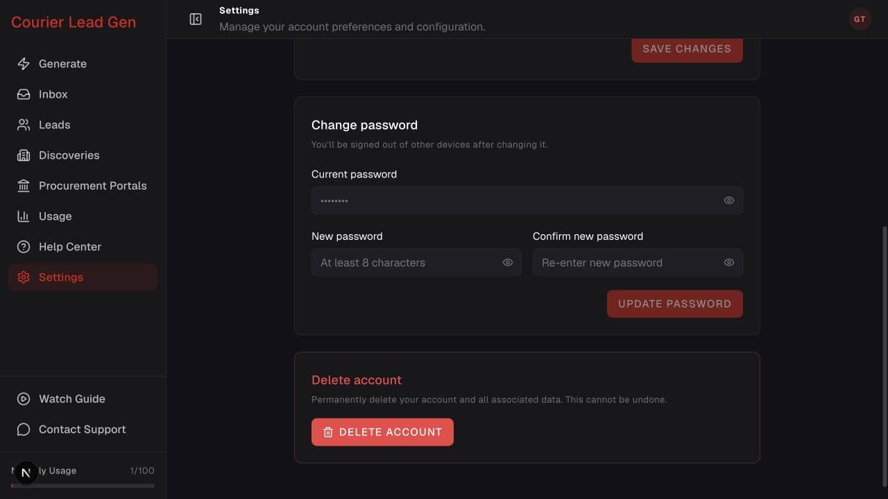 Profile settings scrolled to the Delete account panel