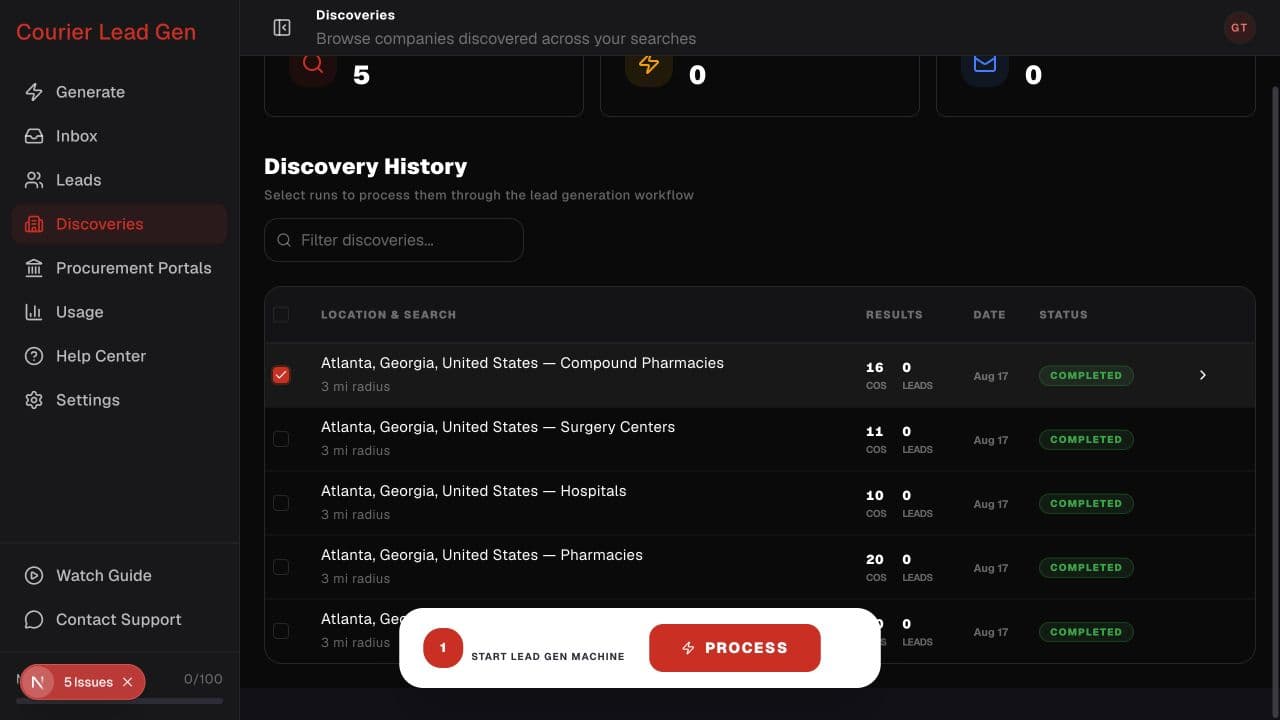 Discoveries page with discovery history and processing controls