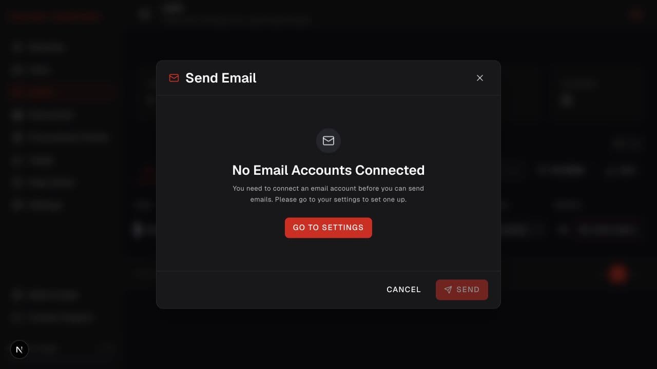 Send Email dialog explaining that an email account must be connected