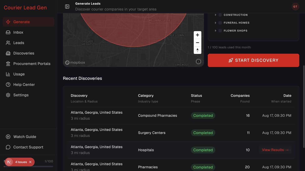 Generate Leads page scrolled to the Start Discovery button and recent discoveries