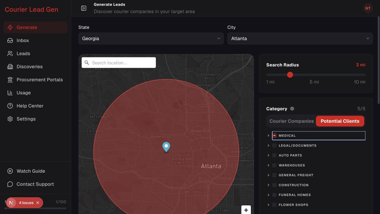 Generate Leads page with location, map, radius, categories, and Start Discovery button