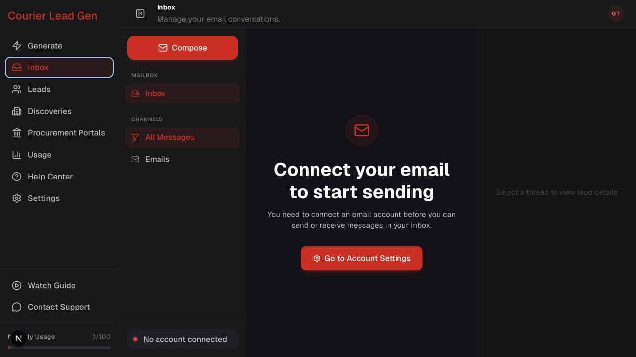 Inbox page with mailbox navigation and conversation area