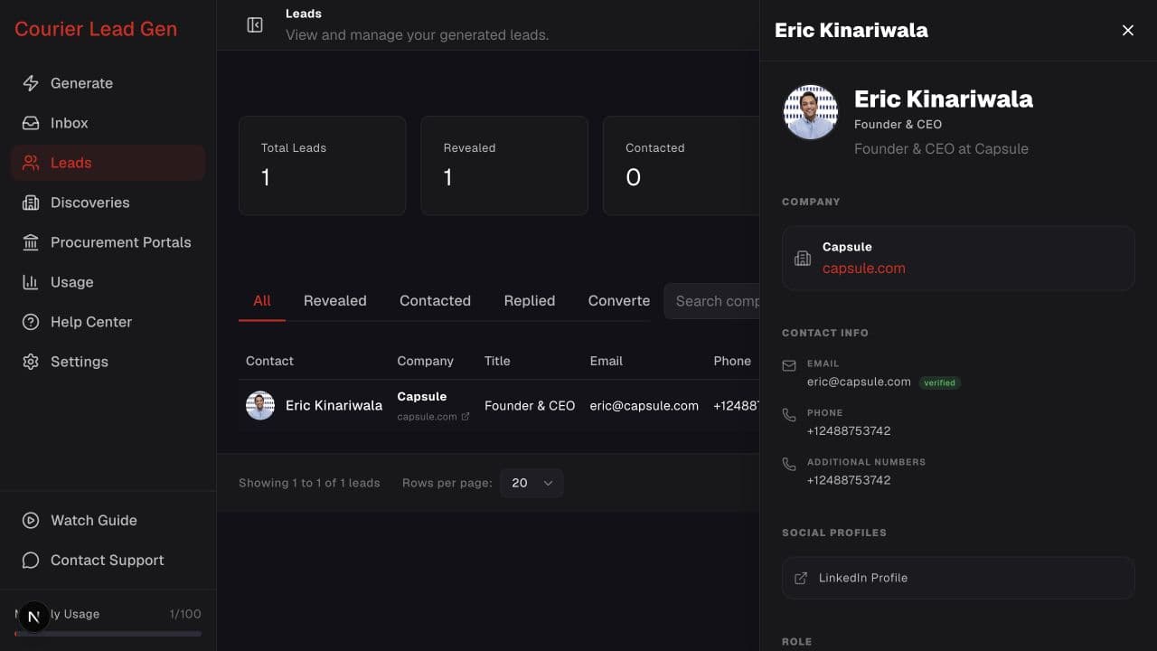 Lead details panel with company, verified contact information, social profile, and role data