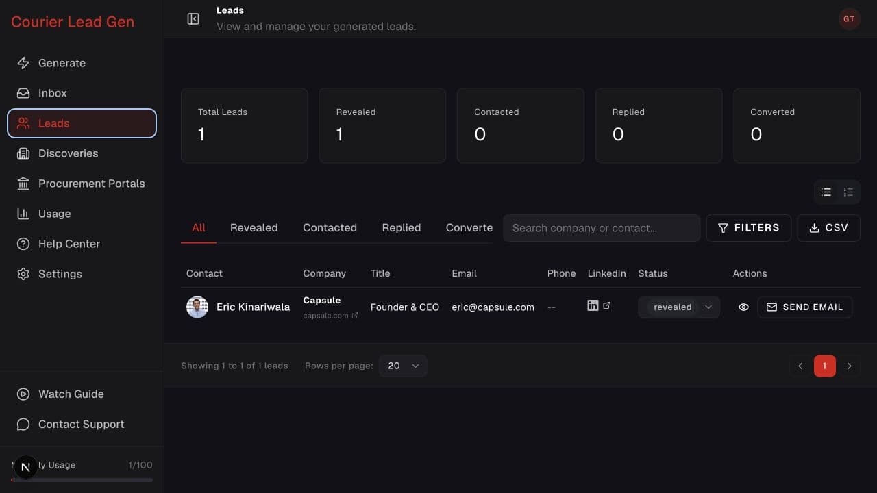 Leads page with status totals, search, filters, export, and lead actions
