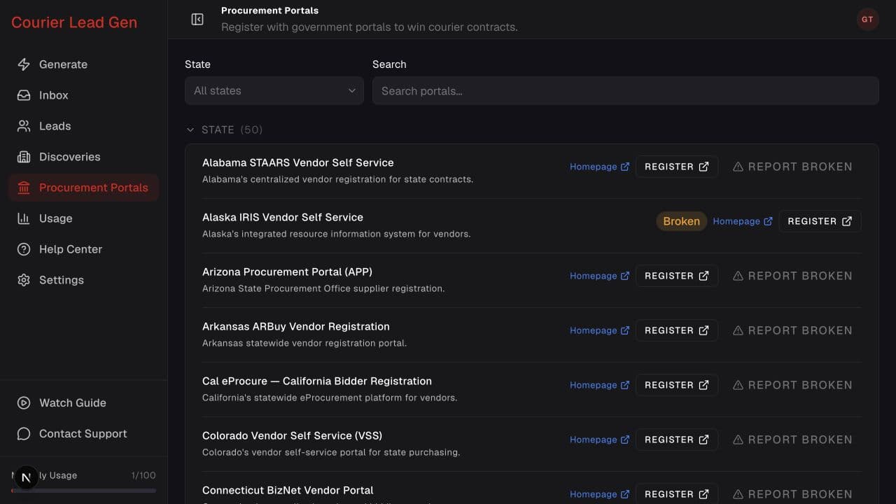 Procurement Portals page with state and search filters