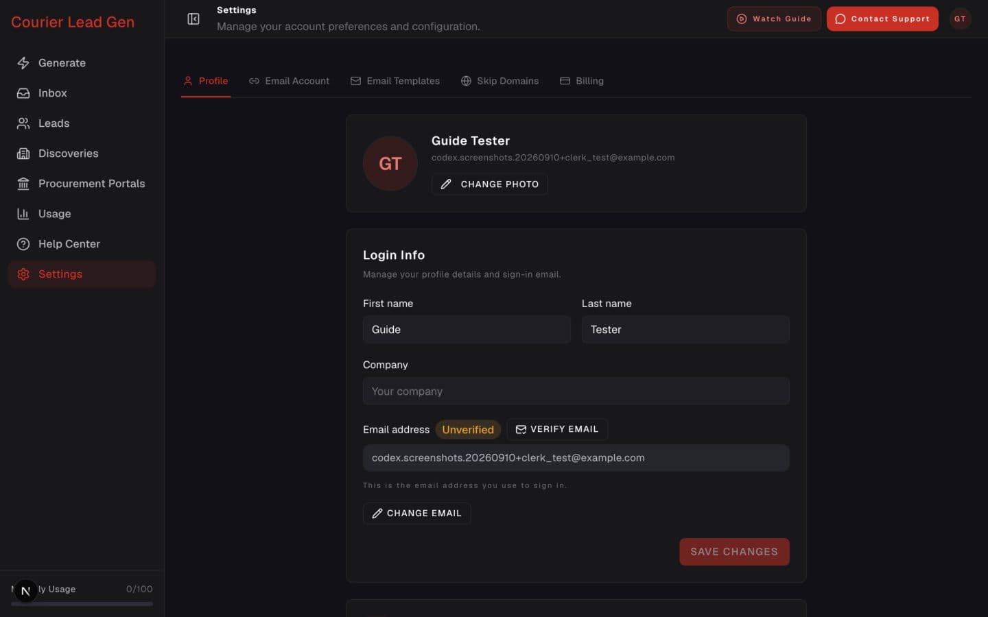 Profile settings page with photo, name, company, and account security controls