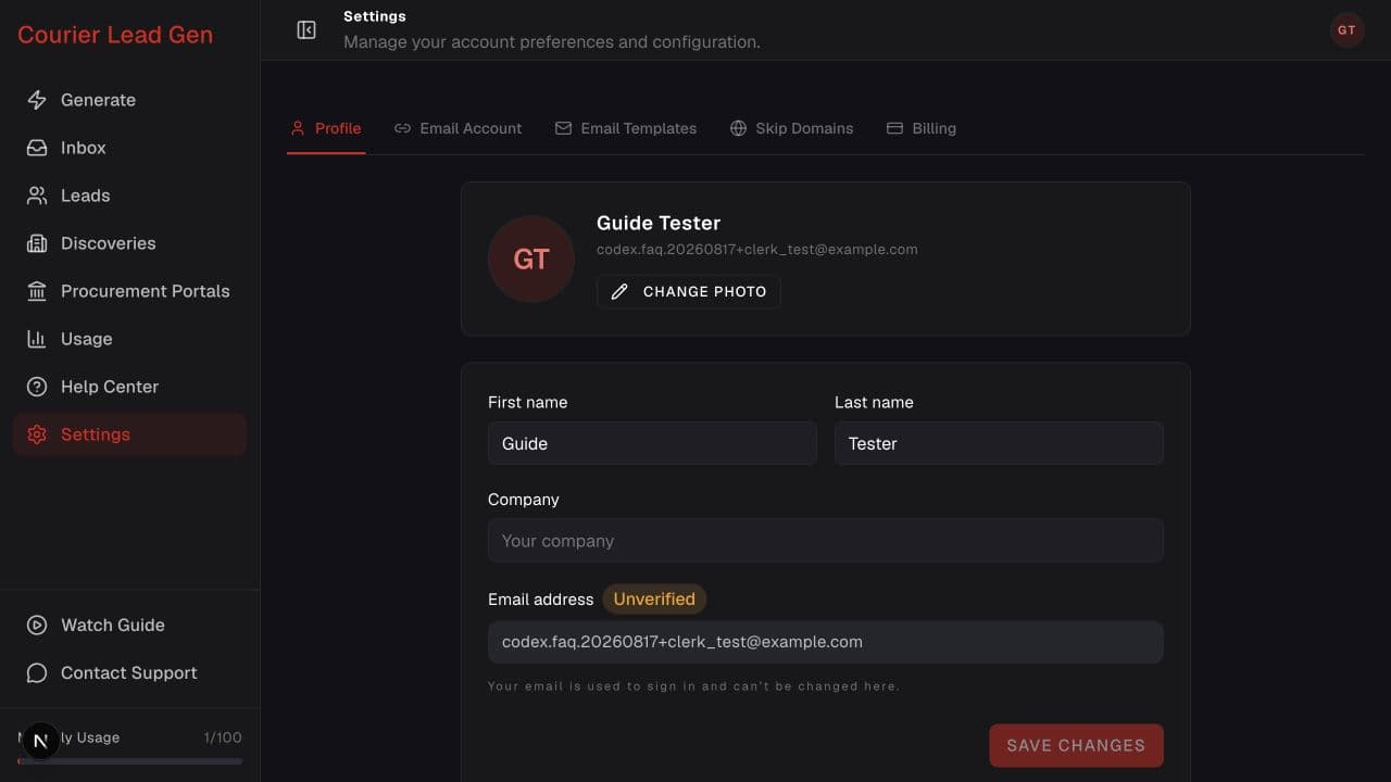 Profile settings page with photo, name, company, and account security controls