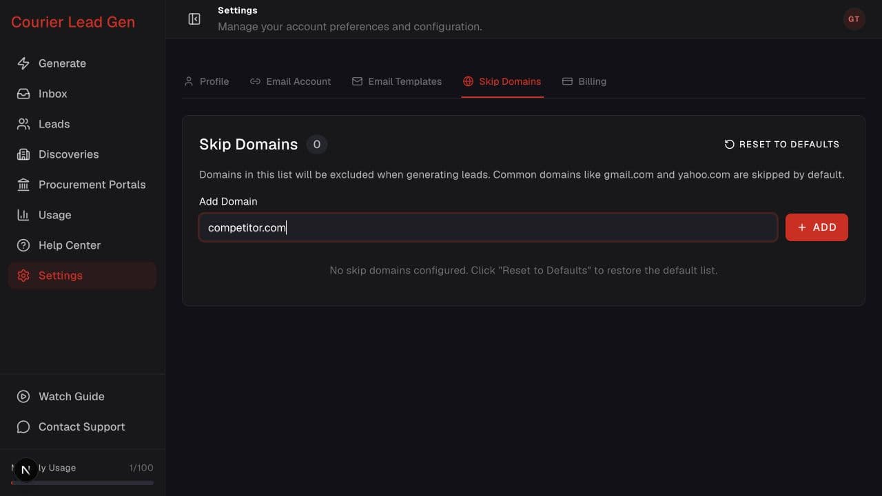 Skip Domains settings page with domain entry and exclusion list