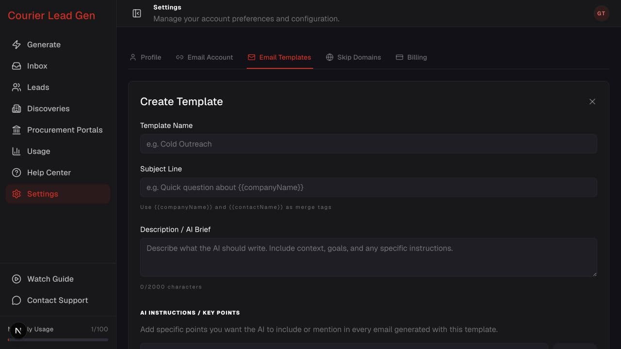 Create Template form with name, subject, AI brief, key points, and tone fields