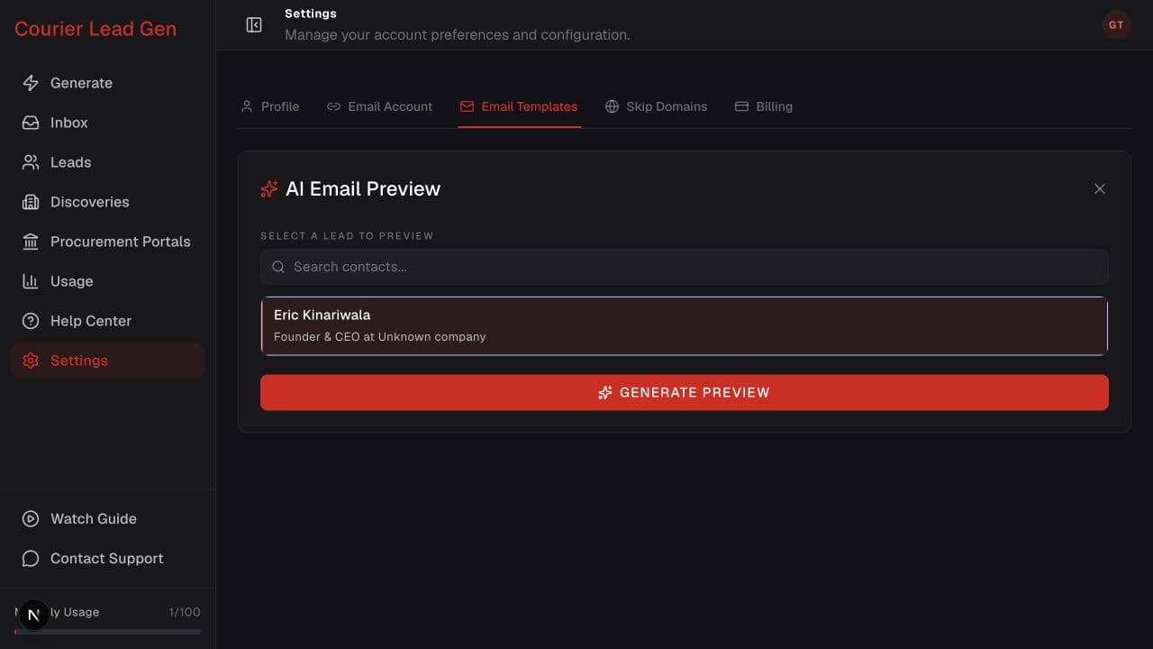 AI Email Preview with a selected lead and Generate Preview action