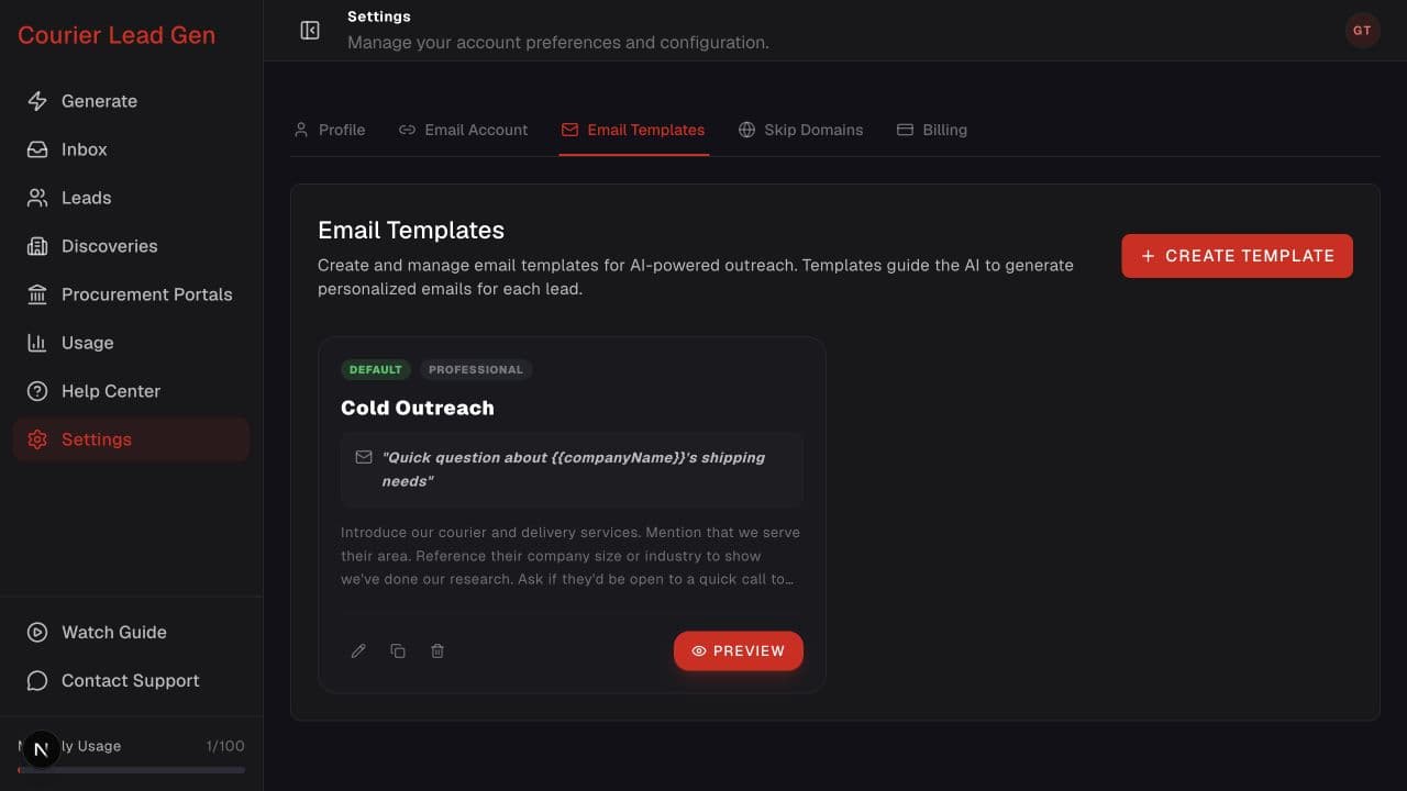 Email Templates settings page with template cards and Create Template action