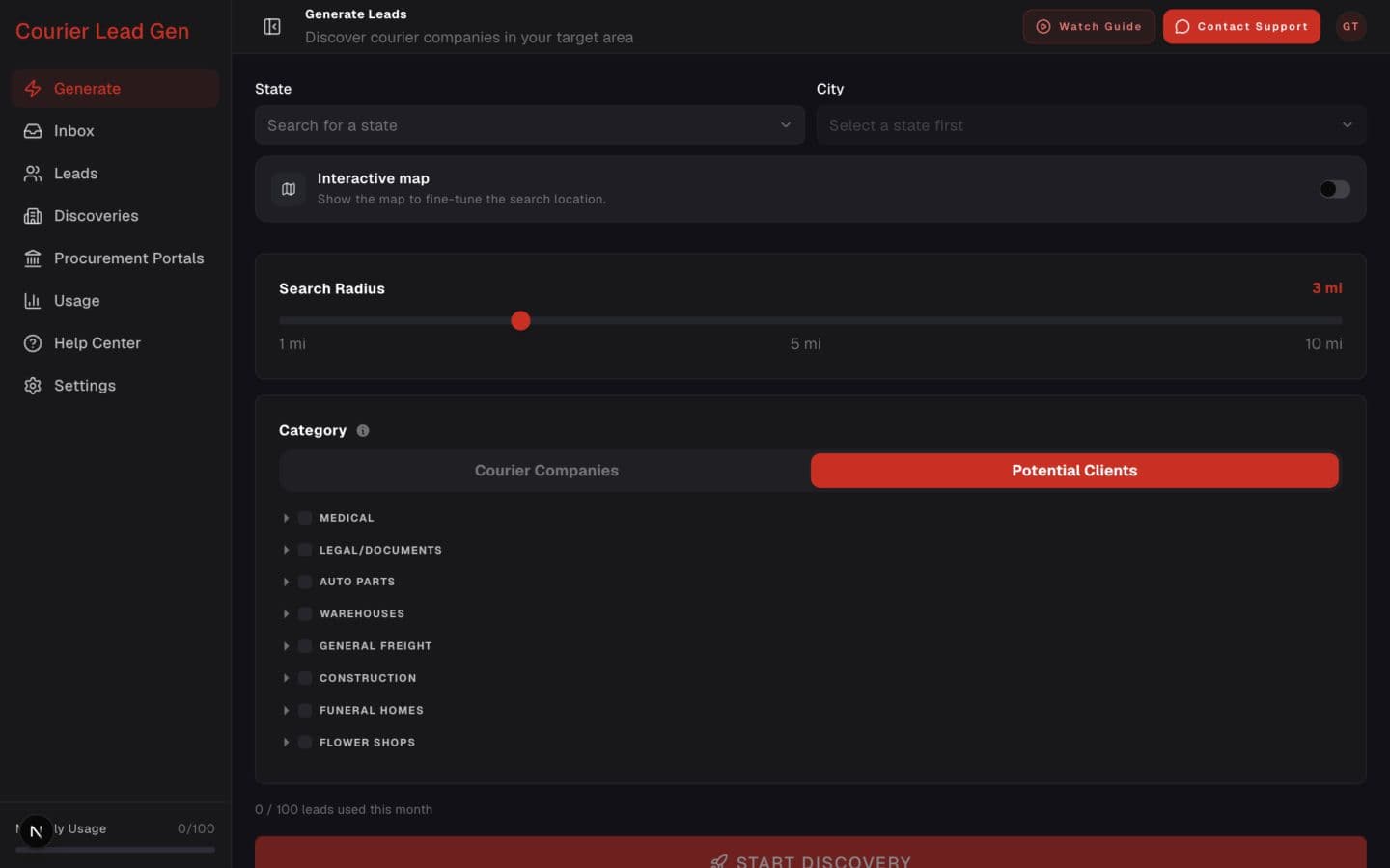 Courier Lead Gen desktop dashboard with Watch Guide in the top-right corner