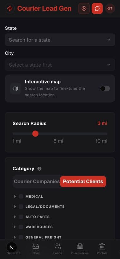 Courier Lead Gen mobile dashboard with the Watch Guide play icon in the top bar