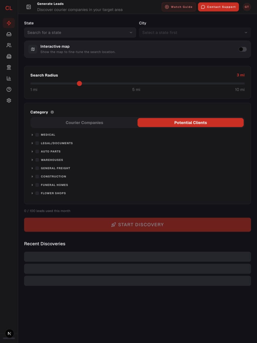 Courier Lead Gen iPad dashboard with Watch Guide in the top-right corner