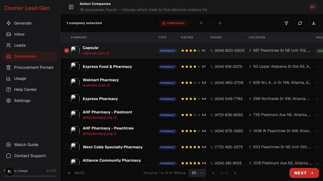 Select Companies workflow step with company checkboxes and Next button