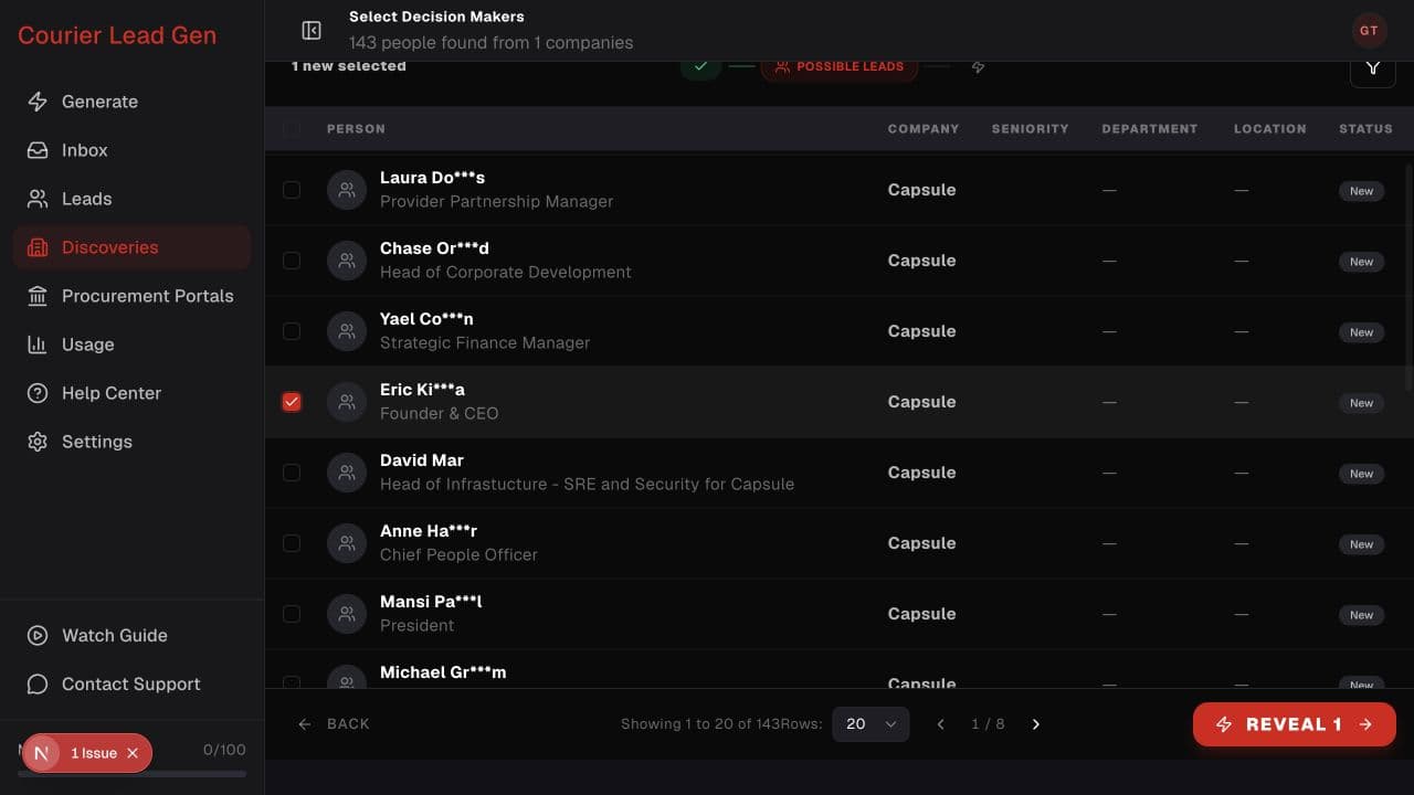 Select Decision Makers workflow step with people checkboxes and Reveal button
